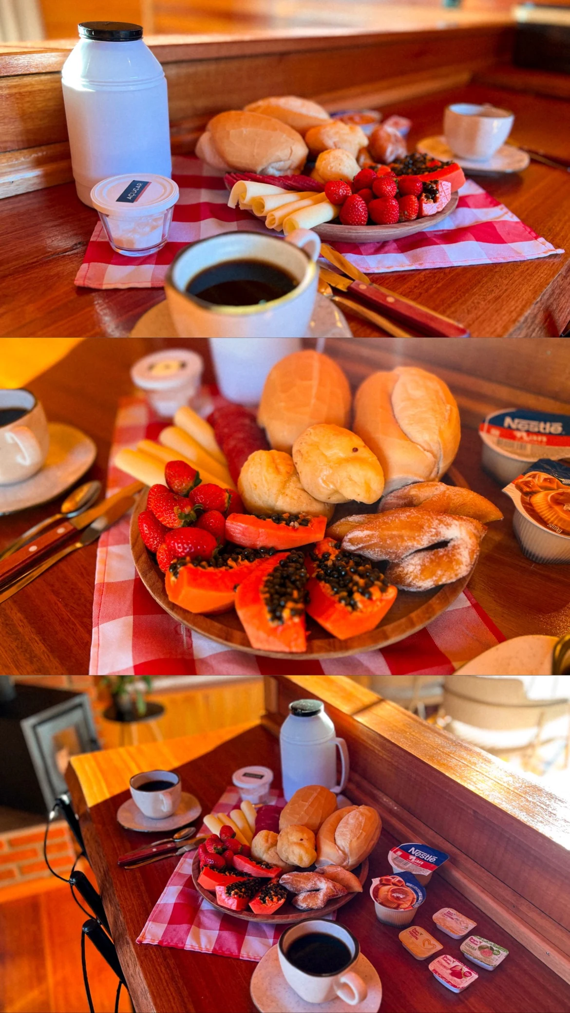 Mesa farta de café da manhã do Bosque da Montanha, com pão, frutas, queijo, presunto e café coado